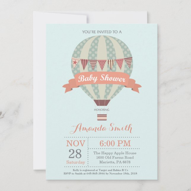 Hot Air Balloon Baby Shower Invitation Pink (Front)