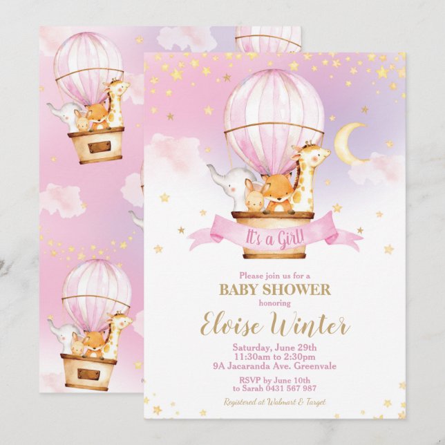 Hot Air Balloon Baby Shower Jungle Animals Girl Invitation (Front/Back)