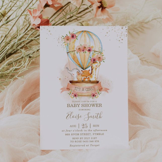 Hot Air Balloon Baby Shower Jungle Animals Girl Invitation (Creator Uploaded)
