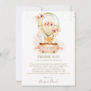 Hot Air Balloon Baby Shower Jungle Animals Girl Thank You Card