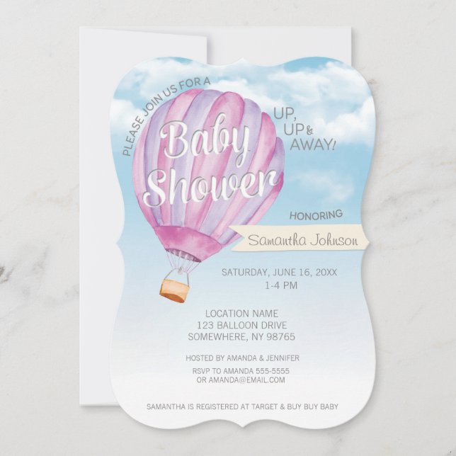 Hot Air Balloon Baby Shower - Pink & Purple Girl Invitation (Front)