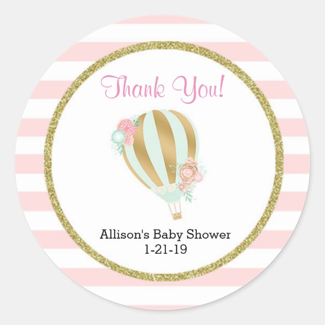 Hot air balloon baby shower stickers pink gold (Front)