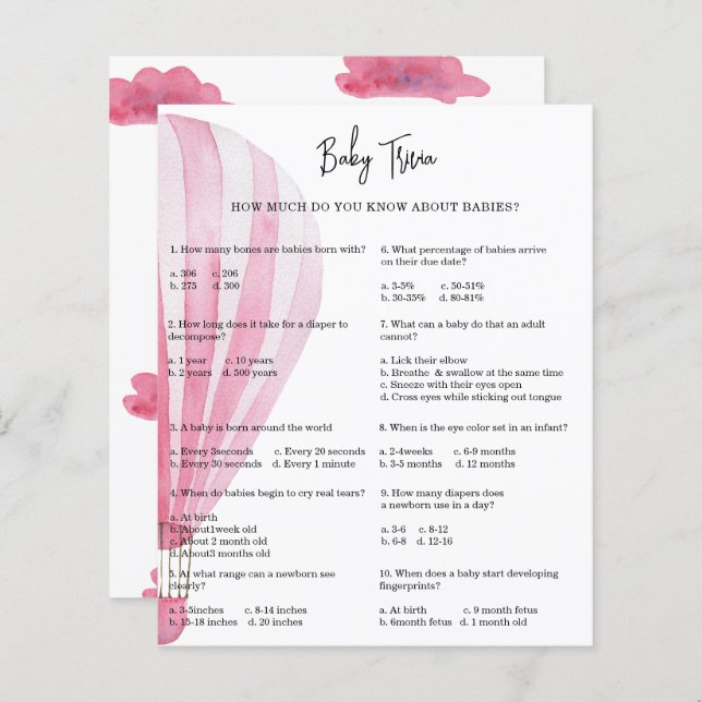 Hot air balloon Baby Trivia | Baby Shower Game (Front/Back)