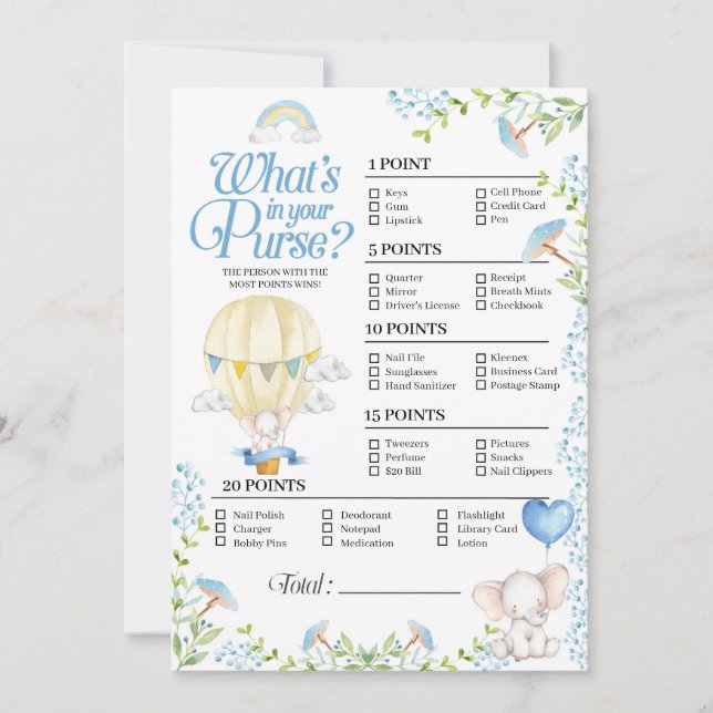 Hot Air Balloon Baby What's In Your Purse Game Invitation (Front)