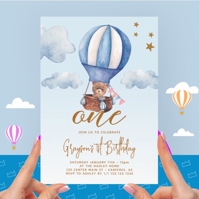 Hot Air Balloon Bear Boy 1st Birthday Invitation (Creator Uploaded)