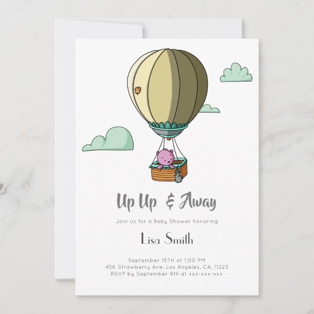 Hot Air Balloon Bear Girl Pink Baby Shower Invitation (Front)