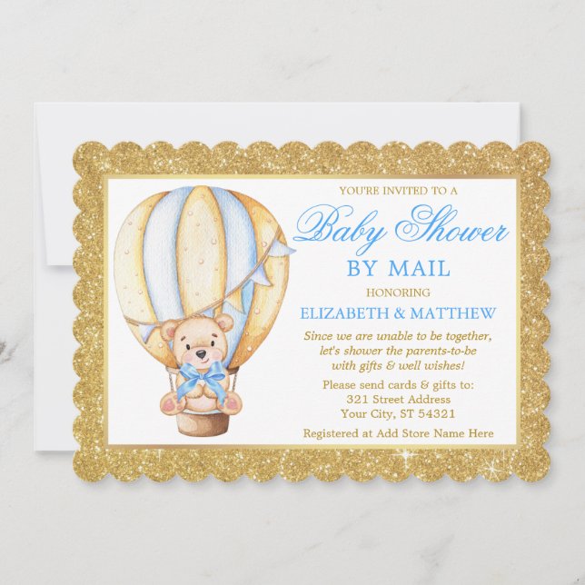 Hot Air Balloon Bear Glitter Blue Shower by Mail Invitation (Front)
