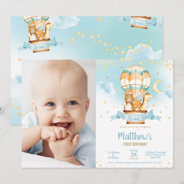 Hot Air Balloon Birthday Cute Baby Animals Photo Invitation (Front/Back)