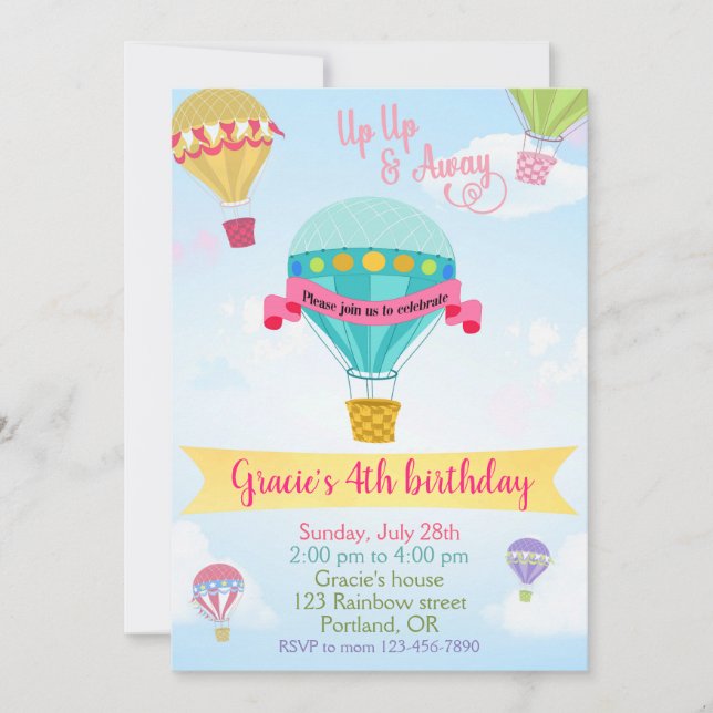 Hot air balloon birthday invitation boy girl party (Front)