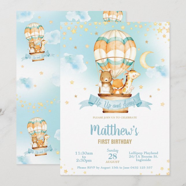 Hot Air Balloon Birthday Party Cute Baby Animals Invitation (Front/Back)