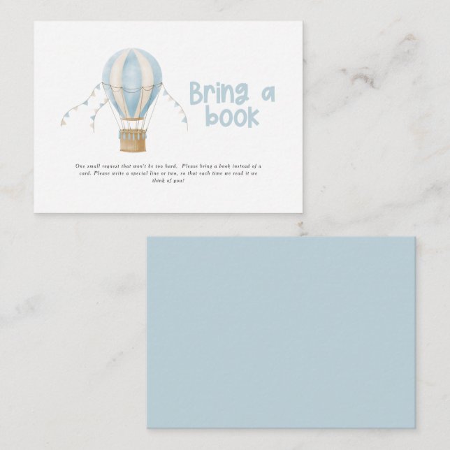 Hot air balloon blue baby shower bring a book  card (Front/Back)