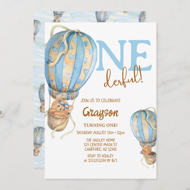 Hot Air Balloon Blue Boho 1st Birthday Invitation (Front/Back)