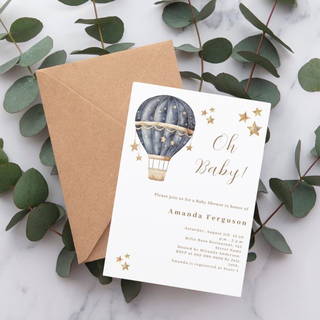 Hot air balloon blue boy stars Baby Shower Invitation (Creator Uploaded)