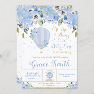 Hot Air Balloon Blue Floral Baby Shower Boy Invitation