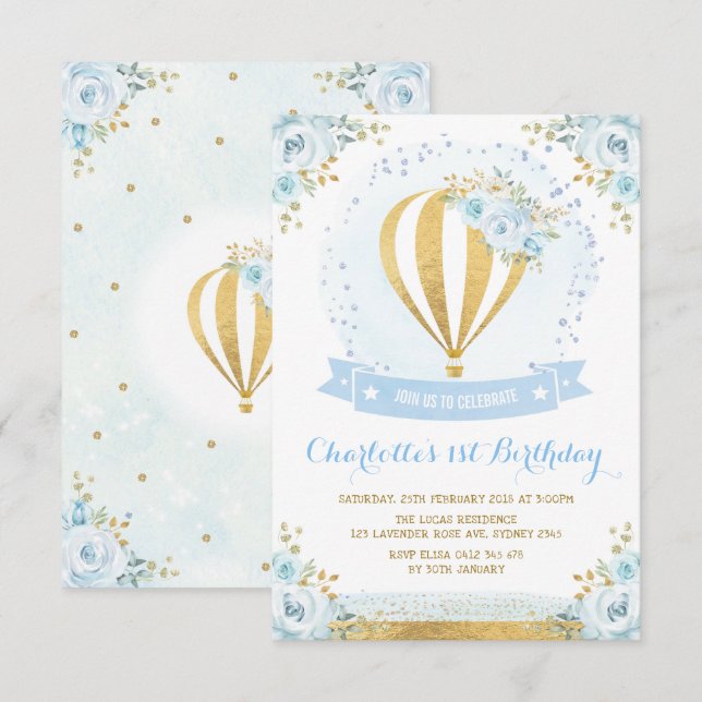 Hot Air Balloon Blue Gold Floral Rose 1st Birthday Invitation (Front/Back)