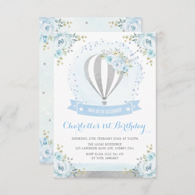 Hot Air Balloon Blue Silver Floral 1st Birthday Invitation (Front/Back)