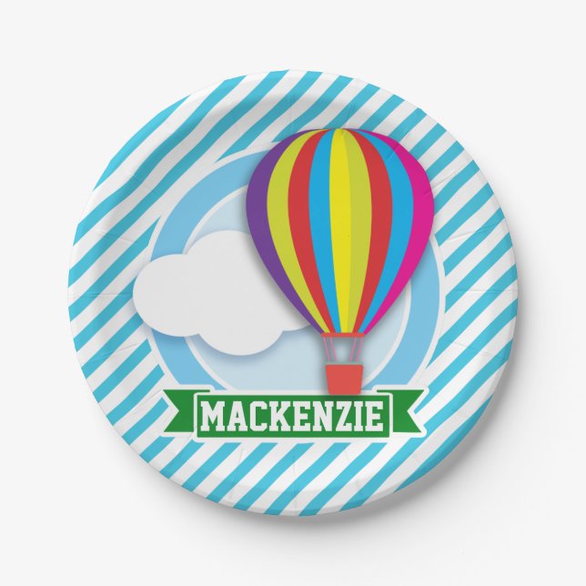Hot Air Balloon; Blue & White Stripes Paper Plate (Front)