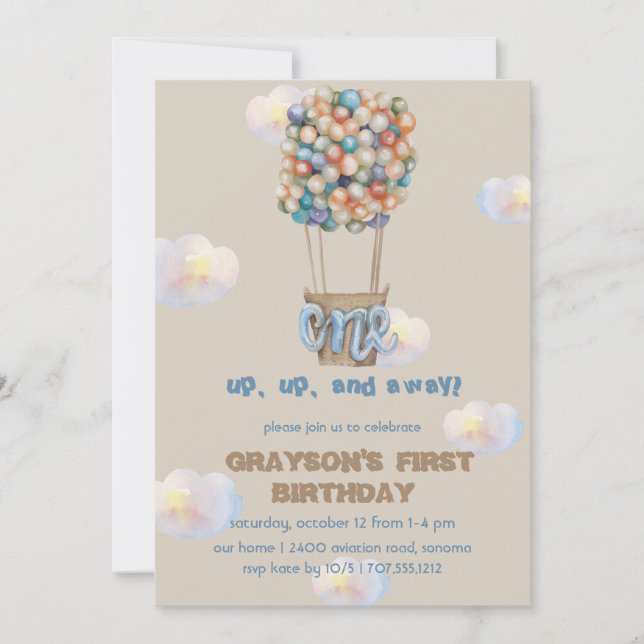 Hot Air Balloon boy 1st Birthday Invitation (Front)