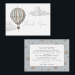 Hot Air Balloon Boy Baby Shower Thank You Card<br><div class="desc">This boho chic "Adventure Awaits" boy's baby shower thank you note card features a blue hot air balloon and clouds. The reverse side features a baby blue background with star patterns. Personalize it for your needs. You can find matching products at my store.</div>