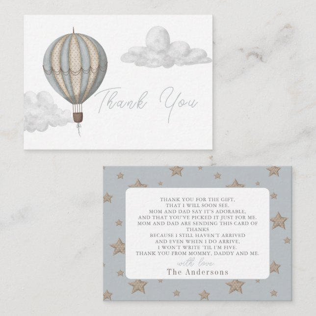 Hot Air Balloon Boy Baby Shower Thank You Card (Front/Back)