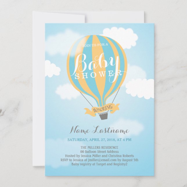 Hot Air Balloon Boy Blue Yellow Baby Shower Invite (Front)