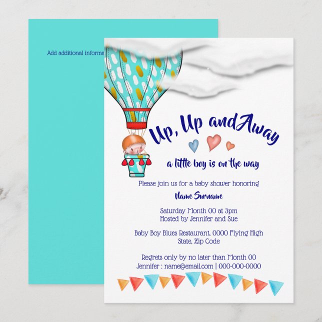 Hot air balloon boys baby shower cute travel party invitation (Front/Back)