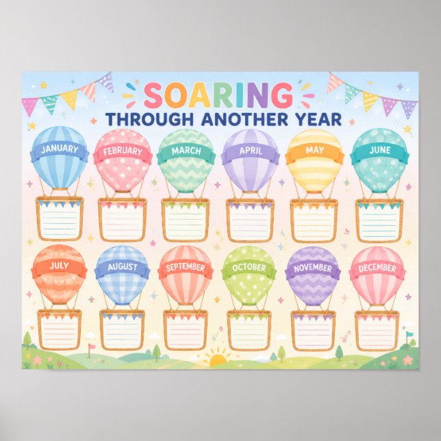 Hot Air Balloon Classroom Birthday Display Poster (Front)