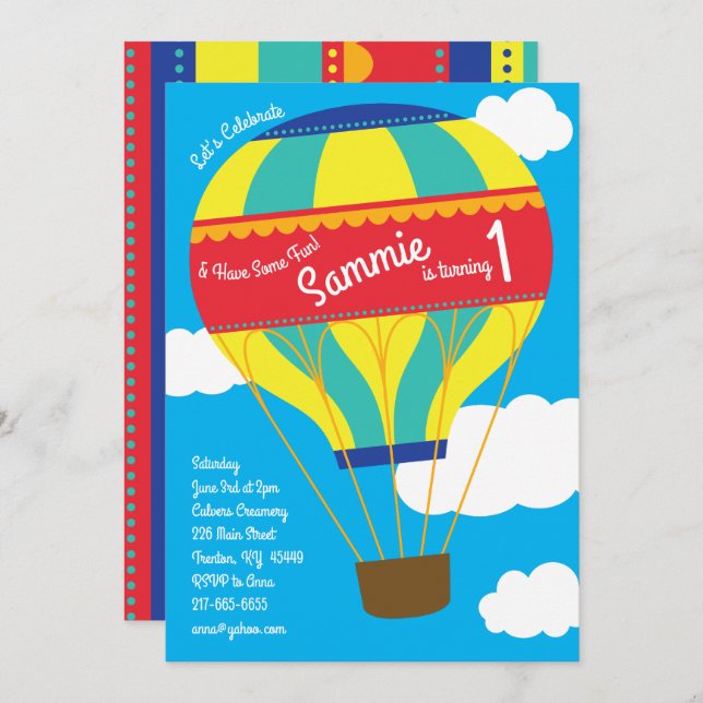 Hot Air Balloon Colourful 1st Birthday Invitations (Front/Back)