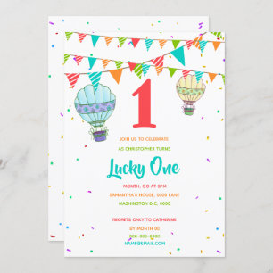Hot air balloon colourful bunting first birthday invitation