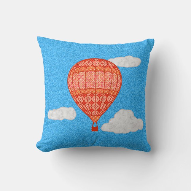 Hot Air Balloon, Coral Orange Against a Blue Sky Cushion (Front)