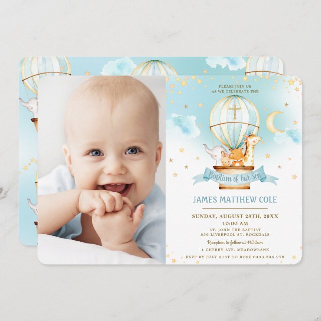 Hot Air Balloon Cute Animals Baptism Christening   Invitation (Front/Back)