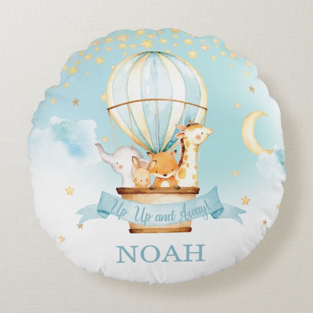 Hot Air Balloon Cute Animals Boy Nursery Decor Round Cushion (Front)