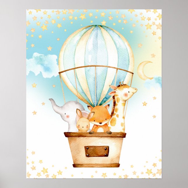 Hot Air Balloon Cute Baby Animals Nursery Wall Art (Front)