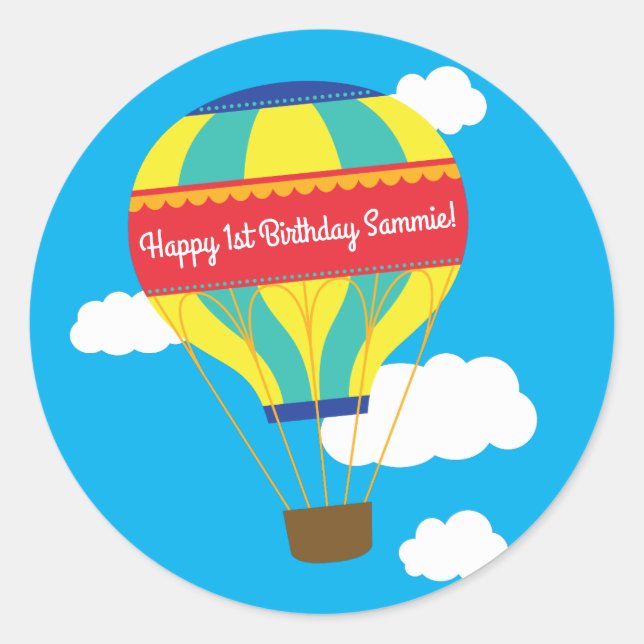 Hot Air Balloon Cute Colourful 1st Birthday Party Classic Round Sticker (Front)