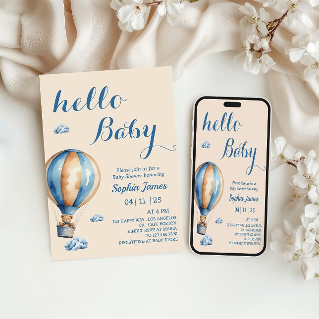 Hot Air Balloon   - Cute Teddy Bear Baby Shower Invitation (Creator Uploaded)