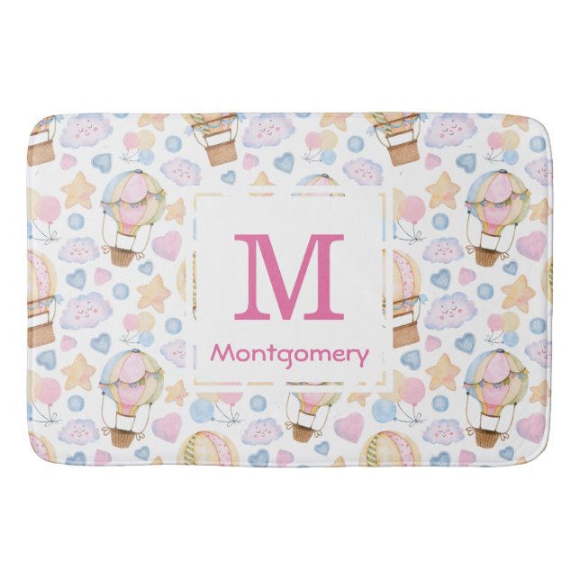 Hot Air Balloon Cute Watercolor Pattern Monogram Bath Mat (Front)