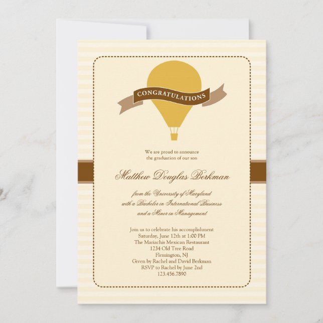 Hot Air Balloon Elegant Graduation Invitation (Front)