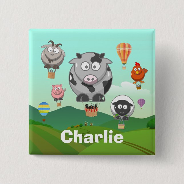 Hot Air Balloon Farm Animals Personalised 15 Cm Square Badge (Front)