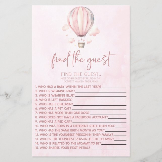 Hot Air Balloon Find The Guest Baby Shower Game (Front)
