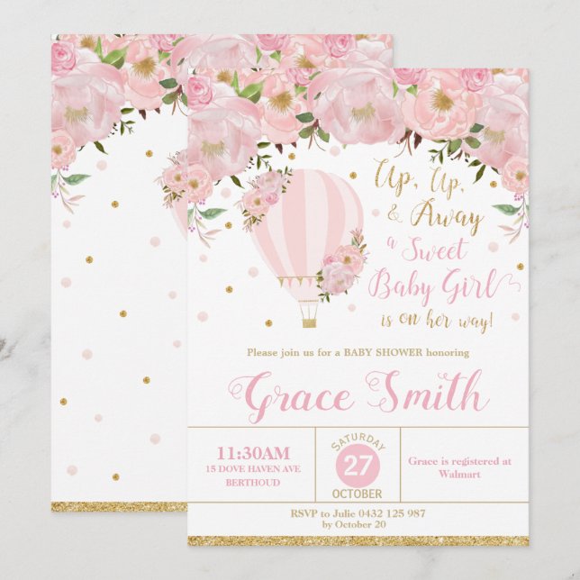Hot Air Balloon Floral Baby Shower Girl Invitation (Front/Back)