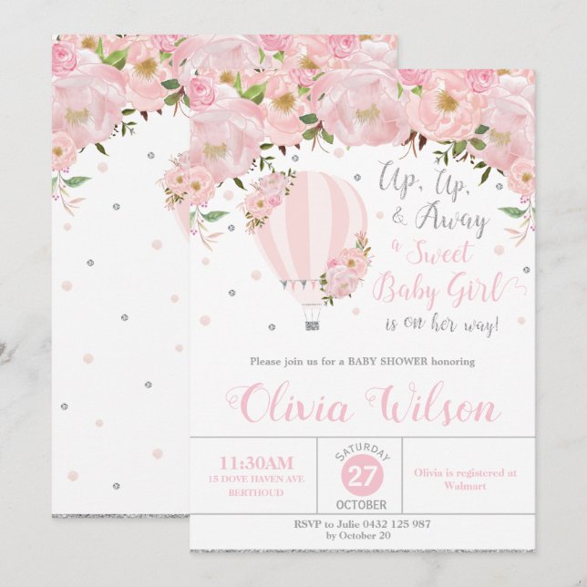 Hot Air Balloon Floral Baby Shower Girl Silver Invitation (Front/Back)