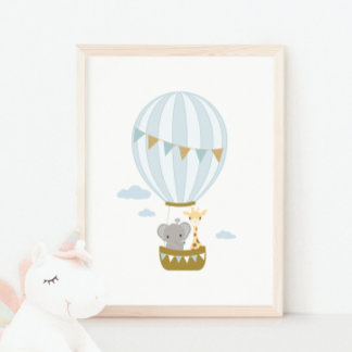 Hot Air Balloon Giraffe & Elephant Nursery Poster