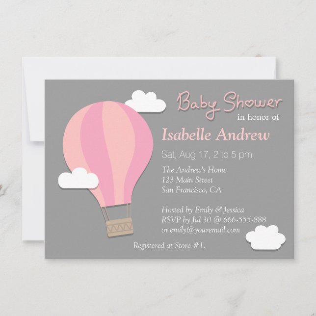 Hot Air Balloon, Girl Baby Shower Party, Grey Invitation (Front)