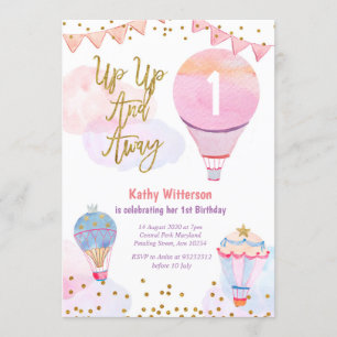 Hot Air Balloon Glitter Girl Baby Shower Invitation