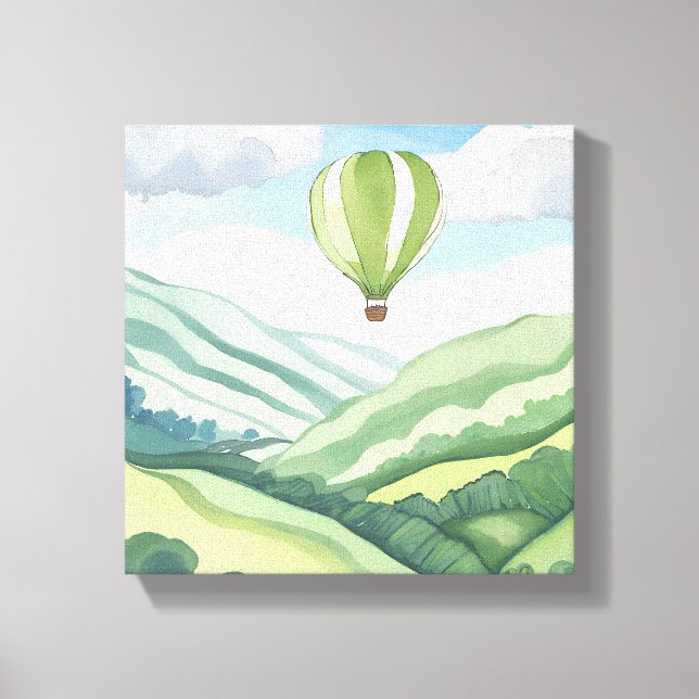 Hot Air Balloon | Green Watercolor Landscape Canvas Print (Front)