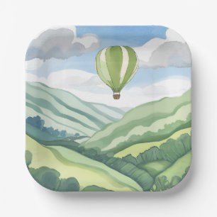 Hot Air Balloon   Green Watercolor Landscape Paper Plate
