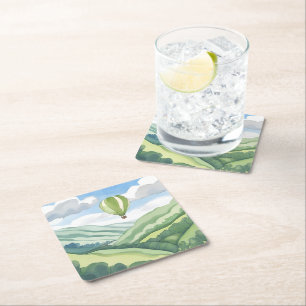 Hot Air Balloon Green Watercolor Landscape Square Paper Coaster