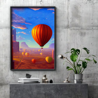 Hot air balloon in a city poster