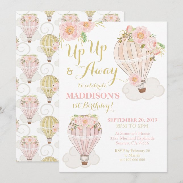 Hot Air Balloon Invitation Girl 1st Birthday (Front/Back)