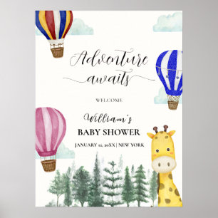Hot Air Balloon Jungle Giraffe Baby Shower Welcome Poster